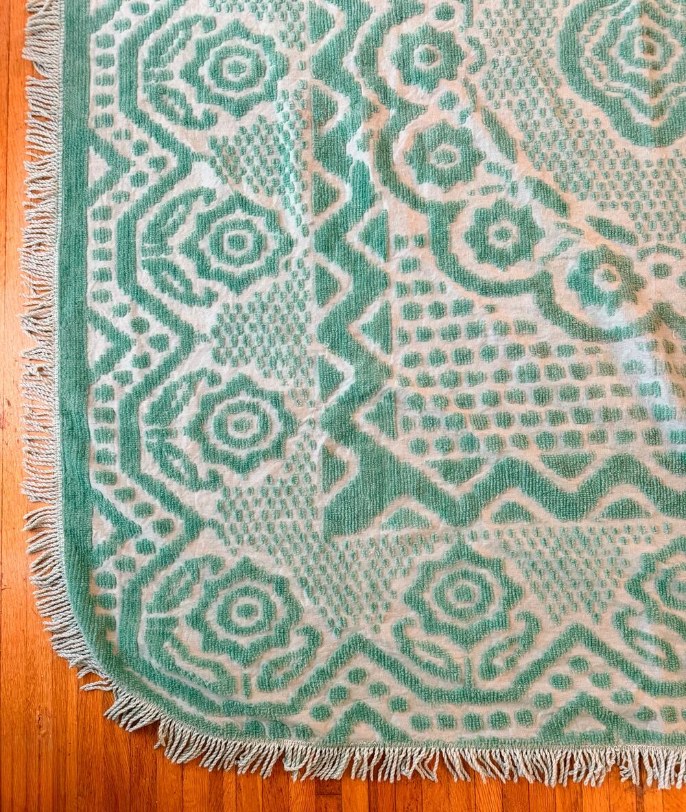 Vintage Mint Green Woven Chenille Bedspread 76x101 Mid Century Tufted Medallion